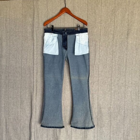 Run & Fly Stone Wash Blue Distress Stretch Denim Rock N Roll Bell Bottom Flares - Picture 7 of 11